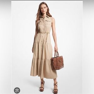 Michael Kors Slub Linen Blend Maxi Shirtdress-size M